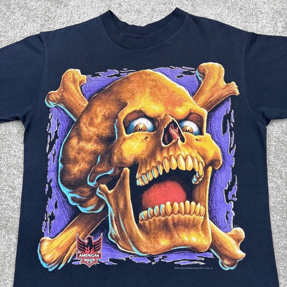 Vintage 1993 3D Emblem American Biker Skull Crossbones T Shirt Large - Picture 2 of 8